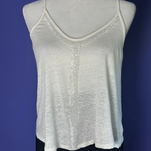 Express Women's Ivory 100% Linen Beaded Detail Cami Tank Top Spagheti Straps XS - Picture 1 of 7